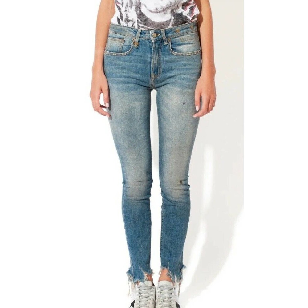 R13 Jenny Mid Rise Skinny Jean in Shiloh Distress Uneven Fray Hem Sz 27 (d